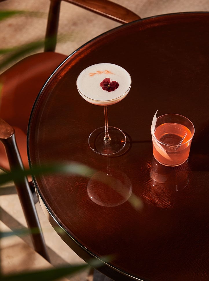 Two elegant cocktails sit on a dark glossy table—one pink with a flower garnish and one clear with a citrus twist.