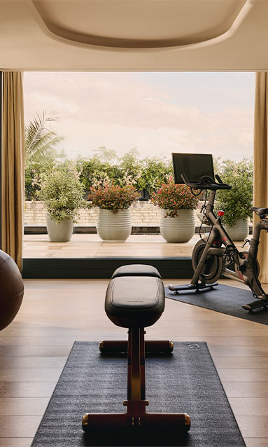 A stylish private gym space with premium fitness equipment, opening to an outdoor terrace adorned with lush potted plants.